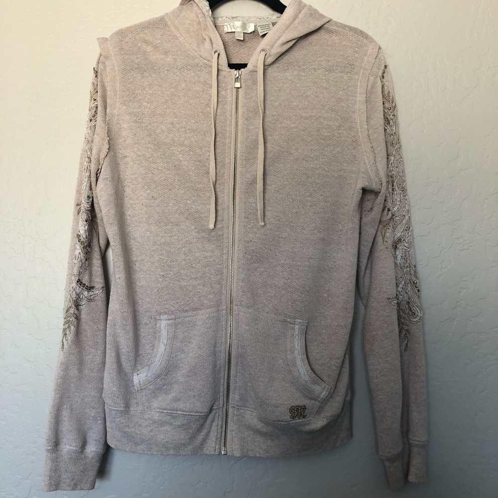 Miss Me Jeweled Sleeves Tan Zip-Up Hoodie